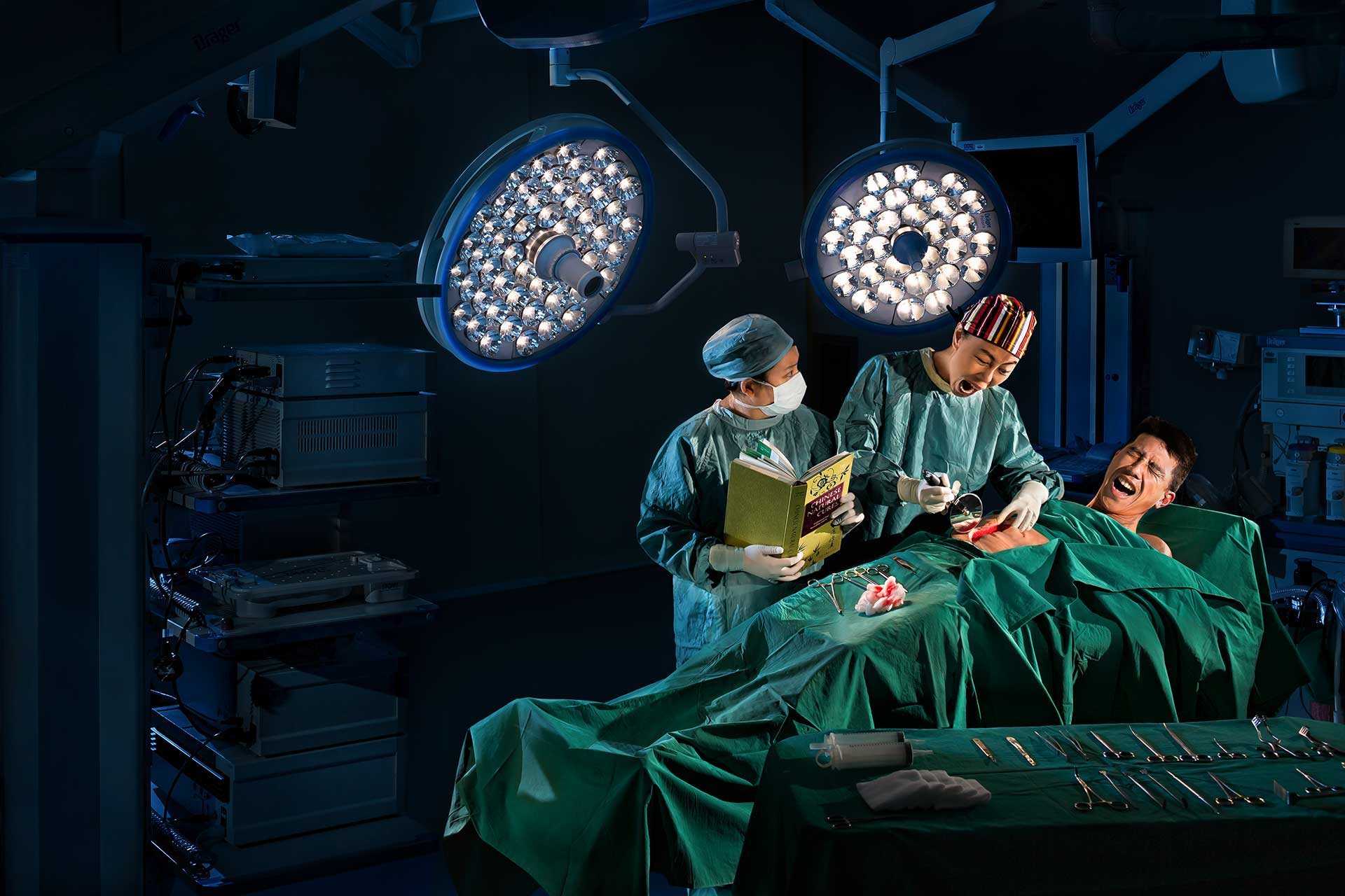 A surgeon performing surgery on a patient in an operating room during a creative photoshoot.